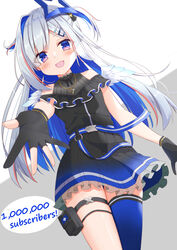  :d absurdres amane_kanata amane_kanata_(work) angel angel_wings asymmetrical_bangs bare_shoulders beckoning belt black_dress black_gloves blue_belt blue_hair blue_thighhighs blue_wings blush colored_inner_hair divergenceok dress feathered_wings female gloves gradient_wings grey_hair hair_ornament hair_over_one_eye hairclip halo highres hololive jewelry long_hair looking_at_viewer milestone_celebration mini_wings multicolored_hair multicolored_wings necklace official_alternate_hair_length official_alternate_hairstyle open_mouth partially_fingerless_gloves pink_hair pleated_dress pouch purple_eyes reaching reaching_towards_viewer short_dress single_hair_intake single_thighhigh sleeveless sleeveless_dress smile solo star_(symbol) star_halo star_necklace streaked_hair thigh_pouch thighhighs two_side_up virtual_youtuber white_wings wings 