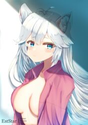  animal_ear_fluff animal_ears aties20 blue_eyes blush breasts cat_ears cat_girl female grey_hair large_breasts long_hair looking_at_viewer no_bra oerba_yun_fang pink_shirt pout shirt simple_background solo upper_body vei_(vtuber) vei_(vtuber)_(1st_costume) virtual_youtuber vshojo 