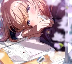  blue_jacket blurry blurry_foreground blush brown_hair bug check_commentary closed_mouth commentary commentary_request day eraser female head_rest highres holding holding_pen homework jacket ladybug letter long_hair long_sleeves math original paper pen petals purple_eyes ruler school_uniform shirt solo white_shirt yukimaru_nun 