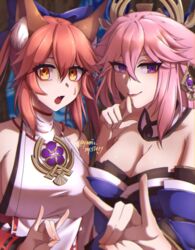  2girls alternate_costume animal_ear_fluff animal_ears bare_shoulders blue_bow blue_kimono bow breasts cleavage closed_mouth commentary_request cosplay costume_switch crossover detached_collar earrings fate/extra fate/grand_order fate_(series) fox_ears fox_girl fox_shadow_puppet genshin_impact hairbow highres japanese_clothes jewelry kimono large_breasts lips long_hair looking_at_viewer low-tied_long_hair multiple_girls oerba_yun_fang off_shoulder open_mouth pink_hair pink_lips purple_eyes shirt skin_fang sleeveless sleeveless_shirt smile species_connection sweatdrop tamamo_(fate) tamamo_no_mae_(fate/extra) tamamo_no_mae_(fate/extra)_(cosplay) twintails twitter_username upper_body white_shirt yae_miko yae_miko_(cosplay) yami_mystery yellow_eyes 