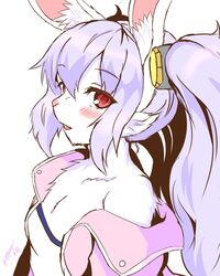  animal_ear_fluff animal_ears azur_lane blush camisole collarbone female furry furry_female grey_hair highres jacket laffey_(azur_lane) looking_at_viewer off_shoulder ooba_jun pink_jacket purple_hair rabbit_ears rabbit_girl red_eyes simple_background solo twintails twitter_username white_background white_fur 