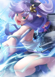  animal_hood ass azur_lane back bare_legs bare_shoulders bear_hood black_socks blue_sky boots bracelet breasts camisole clothes_lift commentary_request cowboy_shot cross_hair_ornament crown detached_hood diffraction_spikes electricity female glint green_eyes hair_ornament high_ponytail highres holding holding_javelin holding_polearm holding_weapon hood hood_down javelin_(azur_lane) javelin_(spear) jewelry ken_ill lens_flare looking_at_viewer machinery medium_breasts mini_crown neckerchief ocean open_mouth plaid plaid_skirt polearm profile purple_footwear purple_hair purple_skirt rigging serious sideboob sidelocks skirt skirt_lift sky smokestack socks solo standing standing_on_one_leg tilted_headwear torpedo turret weapon white_camisole wind wind_lift 