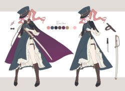  boots brown_hair buttons cape cherry_blossoms closed_mouth commission commissioner_upload double-breasted female hat highres koinu_emiko naozi original pink_eyes reference_sheet solo standing sword thigh_strap twintails weapon 