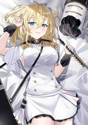  absurdres bad_id bad_pixiv_id black_wrist_cuffs blonde_hair blue_eyes blush braid breasts commentary dress feet_out_of_frame female french_braid g36_(girls&#039;_frontline) g36_(watcher_of_the_light)_(girls&#039;_frontline) girls&#039;_frontline hat highres holding holding_instrument instrument looking_at_viewer lying marching_band medium_breasts medium_hair official_alternate_costume on_back one_smoke open_mouth simple_background skirt smile solo unworn_hat unworn_headwear white_dress white_hat white_skirt white_uniform wrist_cuffs 