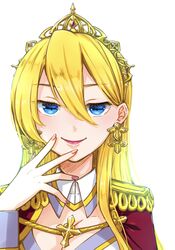  bad_id bad_twitter_id blonde_hair blue_eyes breasts cape cleavage closed_mouth commentary dress epaulettes female genderswap_(mtf) geordo_stuart hair_between_eyes half-closed_eyes hand_to_own_mouth highres ho_ji_chan47 large_breasts long_hair long_sleeves looking_at_viewer otome_game_no_hametsu_flag_shika_nai_akuyaku_reijou_ni_tensei_shite_shimatta portrait red_cape rule_63 simple_background smile solo sparkle tiara white_background white_dress yellow_headwear 