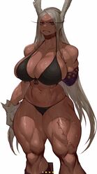  &gt;:( absurdres amputee animal_ears arm_strap artist_name bad_id bad_pixiv_id bare_shoulders bikini black_bikini boku_no_hero_academia breasts cleavage curvy dark-skinned_female dark_skin female front-tie_top frown gloves highres huge_breasts ibuo_(ibukht1015) long_hair looking_at_viewer mirko muscular muscular_female navel parted_bangs rabbit_ears rabbit_girl red_eyes scar scar_on_leg skindentation solo stomach sweat swimsuit thick_thighs thighs tourniquet v-shaped_eyebrows very_long_hair white_background white_gloves white_hair 