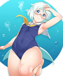  air_bubble animal_ears aqua_hair arm_up blue_eyes breasts bubble covered_navel cowboy_shot female fins glasses hand_on_forehead honda_naoki murenase!_shiiton_gakuen neckerchief one-piece_swimsuit open_mouth photoshop_(medium) red-framed_eyewear sailor_collar semi-rimless_eyewear shiiton_gakuen_school_uniform_(sea_branch) shiroumi_kana short_hair small_breasts solo swimsuit tail thighs under-rim_eyewear water whale_girl white_hair yellow_neckerchief 