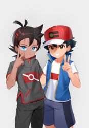  2boys baseball_cap black_hair black_pants blue_eyes blue_jacket closed_mouth commentary eyelashes g1_(jjw00123) goh_(pokemon) grey_background grey_shirt grin hair_between_eyes hand_up hat highres jacket looking_at_viewer male_focus multiple_boys open_clothes open_jacket pants pokemon pokemon_(anime) pokemon_journeys red_headwear satoshi_(pokemon) shirt short_hair short_sleeves shorts simple_background sleeveless sleeveless_jacket smile spiked_hair t-shirt teeth v white_shirt 