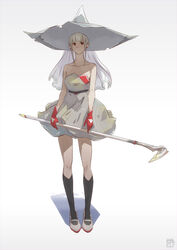  absurdres bare_shoulders belt black_socks blunt_bangs commentary dress earrings female gloves hat highres holding holding_staff jewelry okuto original red_eyes smile socks solo staff standing strapless strapless_dress white_background white_hair witch_hat 