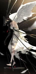  angel_wings barefoot cable commentary_request cuffs dress feathered_wings feathers female full_body highres impaled open_mouth original prosthesis prosthetic_arm scar shackles solo teeth torn_clothes tube white_dress wings zenmaibook 