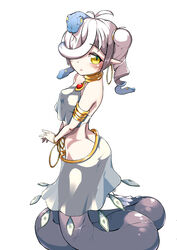  :o absurdres armlet ass bare_shoulders blush breasts earrings female gold hair_over_one_eye highres hoop_earrings jewelry lamia long_bangs looking_at_viewer looking_up medusa_(monster_girl_encyclopedia) monster_girl monster_girl_encyclopedia original petite pointy_ears simiccrush simple_background slit_pupils snake_hair solo white_background yellow_eyes 