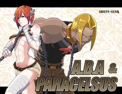  a.b.a absurdres bandages blonde_hair breasts chains fake_screenshot female green_eyes guilty_gear guilty_gear_strive highres idigoht key key_in_head midriff object_through_head orange_hair paracelsus_(guilty_gear) short_hair underboob 