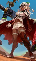  abs bad_id bad_twitter_id bandaged_arm bandaged_leg bandages barefoot breasts cape dark-skinned_female dark_skin desert eigaka female fingerless_gloves gloves greatsword guilty_gear guilty_gear_strive hair_over_one_eye hat highres inactive_account lips lucifero_(guilty_gear) medium_breasts medium_hair midriff platinum_blonde_hair pose ramlethal_valentine short_shorts shorts single_fingerless_glove solo standing sword vest weapon wings yellow_eyes 