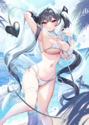  :3 \||/ absurdly_long_hair arm_up armpits ayuma_sayu bare_shoulders beach bikini black_hair blue_nails blue_sky blurry blush breasts closed_mouth cloud cloudy_sky commentary_request day demon_girl demon_tail demon_wings depth_of_field female floating_hair hair_between_eyes hair_intakes hand_up head_wings highres horizon innertube knees_together_feet_apart large_breasts long_hair nail_polish navel ocean original outdoors palm_tree parted_hair presenting_armpit red_eyes riasu-chan_(ayuma_sayu) side-tie_bikini_bottom sideboob sidelocks skindentation sky smile solo stomach strap_gap string_bikini sunlight swim_ring swimsuit tail thick_thighs thigh_strap thighs tree twintails underboob very_long_hair very_long_tail water wet white_bikini wings wrist_bow 