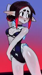  :d absurdres arm_behind_head ass_visible_through_thighs averting_eyes bite_mark black_choker black_eyes black_hair black_one-piece_swimsuit blue_sky blush braid breasts casual_one-piece_swimsuit choker cleavage clothing_cutout cowboy_shot cross cross-laced_clothes cross-laced_one-piece_swimsuit crown_braid detached_collar dusk earrings eleanor_(justadrian) embarrassed facial_mark female frilled_one-piece_swimsuit frills gold_earrings gradient_sky groin hair_bun hand_on_own_hip highleg highleg_swimsuit highres jewelry justadrian_(yoadriandk) linea_alba long_pointy_ears multicolored_hair one-piece_swimsuit open_mouth original outdoors pale_skin pointy_ears purple_sky raised_eyebrows red_hair red_sky short_eyebrows short_hair sidelocks single_hair_bun sky small_breasts smile standing stomach_cutout sweat sweatdrop swimsuit thick_eyebrows thighs two-tone_hair vampire 