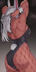  animal_ears arms_behind_head ass back bare_shoulders black_leotard boku_no_hero_academia breasts dark-skinned_female dark_skin female fishnet_pantyhose fishnets from_behind highleg highleg_leotard highres large_breasts leotard long_eyelashes long_hair median_furrow mirko muscular muscular_female pantyhose playboy_bunny rabbit_ears rabbit_girl rabbit_tail skindentation solo soolee040995 strapless strapless_leotard tail tail_through_clothes thick_thighs thighs white_hair wrist_cuffs 