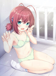  antenna_hair bare_arms bare_shoulders blush bow bow_bra bow_panties bra bra-ban! breasts brown_hair collarbone commentary_request ebihara_minase female full_body green_bra green_eyes green_panties hair_between_eyes hair_ornament hairclip highres looking_at_viewer low_twintails navel no_shoes oerba_yun_fang on_floor open_mouth paid_reward_available panties sakuraba_hikaru_(loveindog) seiza sitting small_breasts socks solo tile_floor tiles twintails underwear underwear_only v-shaped_eyebrows white_socks 