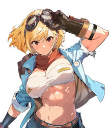  abs alternate_costume black_gloves blonde_hair blue_jacket breasts closed_mouth female gloves goggles goggles_on_head highres hololive hololive_indonesia jacket kaela_kovalskia large_breasts looking_at_viewer midriff navel popo_(popo0cat) red_eyes short_hair short_sleeves simple_background solo strapless tube_top virtual_youtuber white_background white_tube_top 