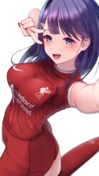  :d azur_lane blue_eyes breasts commission ex_saki female highres large_breasts liverpool_(azur_lane) liverpool_fc looking_at_viewer name_connection nike_(company) pixiv_commission premier_league purple_hair selfie simple_background smile soccer_uniform sportswear v_over_eye white_background 