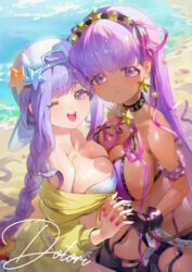  2girls absurdres asymmetrical_hair bandeau bare_shoulders baseball_cap bb_(fate) bb_(swimsuit_mooncancer)_(fate) bb_(swimsuit_mooncancer)_(first_ascension)_(fate) bb_(swimsuit_mooncancer)_(second_ascension)_(fate) beach bead_bracelet beads belt bikini black_gloves black_shorts black_thighhighs blush bracelet braid breasts cleavage cropped_jacket dark-skinned_female dark_skin dotori_(seulseul) dual_persona fate/grand_order fate_(series) fingerless_gloves garter_belt gloves hair_ornament hair_ribbon hairband hat hat_ornament highres holding_hands jacket jewelry large_breasts long_hair long_sleeves looking_at_viewer micro_shorts miniskirt multiple_girls neck_ribbon one_eye_closed purple_bikini purple_eyes purple_hair ribbon shore shorts single_braid skirt smile star_(symbol) star_hair_ornament star_hat_ornament swimsuit tan thighhighs very_long_hair white_belt white_hat yellow_jacket yellow_skirt 