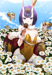  5girls absurdres bare_shoulders bee bee_costume blonde_hair blue_sky breasts bug commentary_request eyeliner fate/grand_order fate_(series) field flower flower_field fur_collar headpiece highleg highleg_leotard highres honey_dipper honeypot horns ibaraki_douji_(fate) leotard looking_at_viewer makeup multiple_girls multiple_persona oni petite purple_eyes purple_hair short_hair shuten_douji_(fate) skin-covered_horns sky small_breasts smile terasako yellow_leotard 