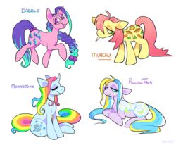  2022 accessory bangs blonde_hair blonde_mane blue_eyes blue_hair blue_hooves blue_mane blue_tail braided_hair candy chotpot closed_eyes colored crescent_moon cutie_mark dabble_(mlp) dessert digital_drawing_(artwork) digital_media_(artwork) earth_pony english_text equid equine eyelashes eyewear female feral food food_in_mouth fur glasses green_eyes group hair hair_accessory hair_tie half-closed_eyes hasbro hooves horn horse long_hair long_mane long_tail lying mammal mane mlp_g1 moon moonstone_(mlp) multicolored_body multicolored_fur multicolored_hair multicolored_mane multicolored_tail munchy_(mlp) my_little_pony mythological_creature mythological_equine mythology narrowed_eyes on_front open_mouth pillow_talk_(mlp) pink_body pink_fur pink_hair pink_hooves pink_tail pony purple_body purple_eyes purple_fur purple_hair purple_hooves purple_mane purple_tail quadruped rainbow_hair rainbow_mane rainbow_pony rainbow_tail shaded simple_background simple_shading sitting smile standing tail teal_hair teal_mane teal_tail teeth text trotting twice_as_fancy_pony unicorn white_background yellow_hooves yellow_tail 