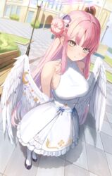  absurdres angel_wings arms_behind_back bare_shoulders blue_archive doggo34476335 dress feathered_wings female foreshortening frilled_ribbon frills green_eyes hair_bun halo highres long_hair low_wings mika_(blue_archive) pink_hair pink_halo pout ribbon single_side_bun sleeveless sleeveless_dress white_dress white_wings wing_ornament wings 