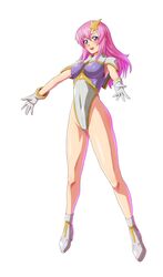  adapted_costume blue_eyes breasts capelet female full_body gloves gundam gundam_seed gundam_seed_destiny hair_ornament highleg highleg_leotard highres ibuki_sakura_(sgw_v07) large_breasts leotard long_hair meer_campbell multicolored_leotard pink_hair simple_background solo star_(symbol) star_hair_ornament white_background white_capelet white_footwear white_gloves white_leotard 