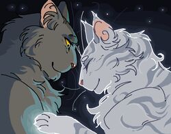  2017 aliasing ambiguous/ambiguous ambiguous_gender binary_drawing canon_couple claws closed_eyes digital_drawing_(artwork) digital_media_(artwork) domestic_cat duo ear_tuft eyebrows eyelashes felid feline felis female_(lore) feral fur glowing graystripe_(warriors) grey_body grey_fur inner_ear_fluff intraspecies male_(lore) mammal markings night outside paws pink_nose poselenets shaded silverstream_(warriors) sky smile star starclan_cat starry_sky tabby_cat tuft warriors_(book_series) whiskers yellow_eyes 