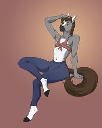  4:5 anthro belly blaze_(marking) bottomwear brown_eyes brown_hair clothing dallas_prairiewind equid equine facial_markings femboy fur grey_body grey_fur hair hand_on_head head_markings hi_res hooves horse kadzukai leg_markings looking_at_viewer male mammal markings pants shirt simple_background sitting socks_(marking) solo thick_thighs tied_shirt tight_bottomwear tight_clothing tight_pants topwear white_belly 