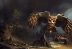  ambiguous_gender athene_(genus) avian background_character bird black_eyes brown_body brown_feathers burrowing_owl cloud detailed_background duo feathers feet female_(lore) feral flying guardians_of_ga&#039;hoole jedrzej_chelminski official_art otulissa owl plant spotted_owl strix_(genus) talons toes tree true_owl water 