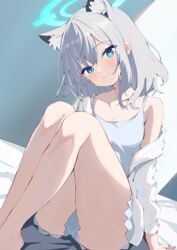  animal_ear_fluff animal_ears aqua_eyes arm_support bare_legs barefoot bed_sheet blue_archive blush breasts camisole collarbone extra_ears female grey_camisole grey_hair halo head_tilt highres knees_up legs legs_together looking_at_viewer mismatched_pupils natsuki_(natsu_1936) shiroko_(blue_archive) shirt single_bare_shoulder sitting small_breasts smile solo white_shirt wolf_ears 