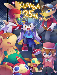  2022 3:4 :3 anthro bandai_namco black_body black_fur blue_bottomwear blue_clothing blue_eyes blue_hat blue_headwear blue_pants blue_shirt blue_shorts blue_topwear blush bottomwear boxing_gloves brown_hair canid canine canis chipple city city_background clothing digital_media_(artwork) domestic_cat domestic_dog eyewear felid feline felis female fence footwear fur gloves green_clothing green_eyes green_overalls group guntz hair handwear hat headgear headwear hi_res kangaroo klonoa klonoa_(series) ko-gami lolo_(klonoa) looking_at_another looking_at_viewer looking_down macropod male mammal marsupial moo_(klonoa) open_mouth open_smile overalls pango_(klonoa) pangolin pants pink_clothing pink_shirt pink_topwear popka red_body red_clothing red_footwear red_shoes red_topwear shirt shoes shorts sitting smile smiling_at_viewer tail tan_body tan_fur topwear white_body white_bottomwear white_clothing white_pants wolf yellow_clothing yellow_gloves yellow_handwear zipper 