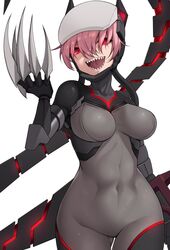  act_(xadachit) black_bodysuit bodysuit breasts claws codename:_bakery_girl covered_navel cowboy_shot female highres looking_at_viewer mechanical_tail open_mouth pink_hair red_eyes reverse_collapse_(series) sharp_teeth short_hair simple_background smile solo sugar_(bakery_girl) tail teeth white_background 