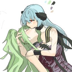  2girls bare_arms black_choker black_dress blue_hair choker closed_mouth commentary_request deep_dig dress girls&#039;_frontline green_hair hand_on_another&#039;s_head hand_on_another&#039;s_shoulder highres hug long_hair m950a_(concert_diva!)_(girls&#039;_frontline) m950a_(girls&#039;_frontline) multiple_girls parted_lips red_eyes simple_background strapless strapless_dress thunder_(black_swan&#039;s_dream)_(girls&#039;_frontline) thunder_(girls&#039;_frontline) twintails white_background wristband yuri 