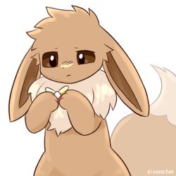  1:1 2024 3_fingers ambiguous_gender anthro anthrofied badge brown_body brown_ears brown_eyes brown_fur brown_inner_ear brown_tail colored digital_media_(artwork) dipstick_tail ears_down eevee fingers front_view fur generation_1_pokemon giyuyuchan half-length_portrait head_tuft hi_res holding_object kemono lagomorph long_ears mammal markings multicolored_body multicolored_fur multicolored_tail mystery_dungeon_badge neck_tuft nintendo no_sclera nude paws pivoted_ears pokemon pokemon_(species) pokemon_mystery_dungeon pokemorph portrait pupils ruff semi-anthro shaded simple_background solo spike_chunsoft standing tail tail_markings tan_body tan_fur tan_tail tan_tail_tip tuft two_tone_body two_tone_fur two_tone_tail white_background 