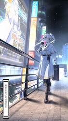  1boy 3girls absurdres ad annotated artist_name aura_(sousou_no_frieren) billboard black_footwear blurry blurry_background boots chinese_commentary city_lights cityscape color_connection commentary contemporary cross-laced_footwear drop_earrings earrings eisen_(sousou_no_frieren) elf fate/grand_order fate_(series) fern_(sousou_no_frieren) frieren genderswap_(mtf) green_eyes greyfish13 highres himmel_(sousou_no_frieren) holding holding_instrument holding_phone holding_suitcase holding_violin instrument jacket jewelry long_hair long_skirt looking_to_the_side multiple_girls music night outdoors pantyhose parody parted_lips phone plants_vs_zombies playing_instrument pointy_ears puff-shroom_(plants_vs_zombies) railing ranguage rule_63 saizeriya screen shadow skirt snowing solo_focus sousou_no_frieren standing stark_(sousou_no_frieren) sticker suitcase translated twintails violin white_hair white_jacket white_skirt 