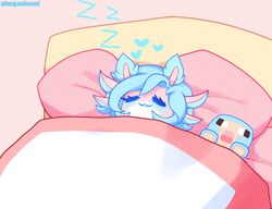  ahegaokami amphibian anthro axolotl bed bed_sheet bedding blue_hair blush bovid caprine closed_eyes colored female furniture hair happy heart_symbol malkah_(ahegaokami) mammal marine microsoft minecraft mojang mole_salamander pillow pink_body plushie salamander sheep sheep_(minecraft) sleeping smile solo sound_effects under_blanket vowelless vowelless_sound_effect xbox_game_studios zzz 