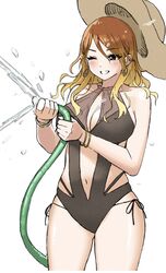  ;d black_one-piece_swimsuit blonde_hair blush bracelet breasts brown_hair casual_one-piece_swimsuit cleavage cropped_legs dunchy earrings female gradient_hair hair_between_eyes hat highres holding holding_hose hose idolmaster idolmaster_shiny_colors izumi_mei jewelry large_breasts multicolored_hair navel one-piece_swimsuit one_eye_closed side-tie simple_background smile solo straw_hat swimsuit white_background 