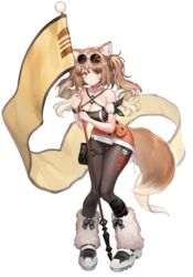  absurdres animal_ear_fluff animal_ears armband bare_shoulders black_pantyhose blonde_hair blush boots bracelet breasts cameltoe cat_ears cat_girl cat_tail cleavage collarbone criss-cross_halter eyewear_on_head female flag full_body fur_boots gradient_hair green_eyes halterneck highres holding holding_flag jewelry knees_together_feet_apart large_breasts light_brown_hair looking_at_viewer multicolored_hair original pantyhose parted_lips pouch red_skirt simple_background skirt solo sunglasses tail thigh_pouch wellsy white_background 