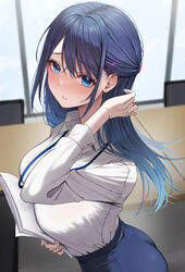  absurdres blue_eyes blue_hair blue_skirt blush breasts collared_shirt commentary_request ear_blush female from_side hair_ornament hairclip half_updo highres holding holding_paper indoors kouhai-chan_(udon) lanyard large_breasts long_hair long_sleeves looking_at_viewer office_lady original paper parted_lips shirt shirt_tucked_in skirt solo sweat udon_(udonalium) 