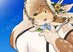  anthro blush brown_body brown_fur clothing deer flower fur hat headgear headwear horn kazusa kurotez looking_at_viewer male mammal markings moobs plant smile solo spots spotted_body spotted_fur straw_hat sunflower tamacolle 