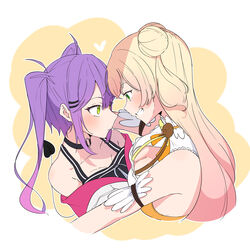  2girls absurdres arm_garter black_tank_top blonde_hair blush breasts cleavage cleavage_cutout closed_mouth clothing_cutout commentary_request cropped_torso demon_girl demon_tail double_bun eye_contact frilled_shirt frills gradient_hair green_eyes grin hair_bun highres hololive jacket long_hair long_sleeves looking_at_another medium_breasts momosuzu_nene momosuzu_nene_(1st_costume) multicolored_hair multiple_girls okome_0628 pink_hair purple_hair shirt sidelocks sleeveless sleeveless_shirt smile tail tank_top teeth tokoyami_towa tokoyami_towa_(1st_costume) twintails two_side_up upper_body virtual_youtuber white_jacket yuri 