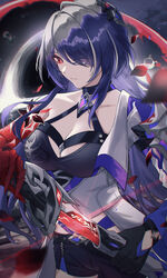  absurdres acheron_(honkai:_star_rail) armor black_choker black_gloves black_hole black_shorts blood blood_from_eyes breasts bright_pupils choker cleavage coat cowboy_shot criss-cross_halter drawing_sword electricity eyes_visible_through_hair falling_petals female gloves hair_ornament hair_over_one_eye hal_aluha halterneck highres holding holding_sword holding_weapon honkai:_star_rail honkai_(series) katana large_breasts looking_at_viewer multicolored_hair petals purple_eyes purple_hair red_eyes scabbard sheath shorts shoulder_armor single_bare_shoulder single_glove solo streaked_hair sword unsheathing water_drop weapon white_coat white_pupils 