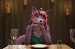  3d_(artwork) 5_fingers anthro aurora_(heat) beverage blue_eyes canid canine clothed clothing colored_nails container cup cutlery date date_pov digital_media_(artwork) dinner dinner_date dinner_table dress drinking_glass ears_up edef elbow_on_table eyebrows female fingers fork fur glass glass_container glass_cup green_clothing green_dress hair head_on_hand heat_(vr_game) hi_res kitchen_utensils knife looking_at_viewer mammal nails pink_body pink_hair pink_nails restaurant romantic smile solo tail tools yan_wiah 