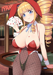  absurdres ace_(playing_card) ace_of_spades animal_ears blonde_hair blue_eyes blunt_bangs blush breasts card cleavage closed_mouth detached_collar drill_hair ear_piercing earrings female fishnet_pantyhose fishnet_thighhighs fishnets five_of_clubs highres holding holding_card huge_breasts indoors jewelry leotard long_hair looking_at_viewer mole mole_under_eye navel original pantyhose piercing playboy_bunny playing_card poker_table rabbit_ears rabbit_tail red_leotard sagging_breasts sakamata_(sakamata4) seven_of_spades smile solo spade_(shape) standing table tail ten_of_diamonds thighhighs three_of_hearts v-shaped_eyebrows wrist_cuffs 