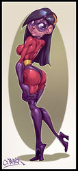  1girls ass big_ass black_hair bodysuit boots clothing disney female female_only footwear hair high_heel_boots high_heels human pixar side_view smooth_skin solo teenager the_incredibles tight_clothing violet_parr wagner wide_hips 