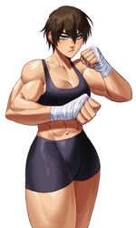  &gt;:( abs absurdres bare_shoulders biceps black_shorts black_sports_bra breasts brown_hair cleavage clenched_hands crotch female fighting_stance frown grey_eyes hand_wraps highres lips looking_at_viewer medium_breasts messy_hair muscular muscular_female navel nose saotome_senshu_hita_kakusu saotome_yae serious short_hair shorts solo sotcho sports_bra sportswear standing thick_thighs thighs tomboy underwear v-shaped_eyebrows white_background 