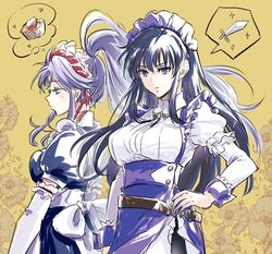  2girls apron ayra_(fire_emblem) ayra_(tea_party)_(fire_emblem) black_hair breasts elbow_gloves fire_emblem fire_emblem:_genealogy_of_the_holy_war floral_background flower food gloves hand_on_own_hip long_hair long_sleeves maid maid_headdress medium_breasts mixed-language_commentary multiple_girls official_alternate_costume parted_lips ponytail purple_eyes purple_hair sidelocks speech_bubble spoken_food spoken_object sword tailtiu_(fire_emblem) tailtiu_(tea_party)_(fire_emblem) thought_bubble umi_(_oneinchswing) upper_body weapon yellow_background 