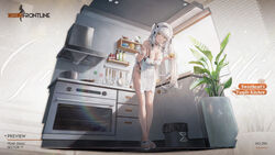  apron artist_request bare_legs black_bra black_panties blush bra breasts character_name choker cleavage closed_mouth commentary cooking_pot copyright_name english_commentary english_text feet female food full_body girls&#039;_frontline green_eyes hair_ornament head_tilt highres hk433_(girls&#039;_frontline) hk433_(sweetheart&#039;s_family_kitchen)_(girls&#039;_frontline) holding holding_food holding_knife indoors kitchen knife large_breasts long_hair looking_at_viewer nearly_naked_apron official_alternate_costume official_art oven panties peeling plant potato potted_plant promotional_art sandals second-party_source shelf solo standing toes trash_can twintails underwear very_long_hair white_apron white_footwear white_hair window_blinds 